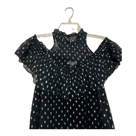 Rebecca Taylor Cold Shoulder Print silver Clipped Jacquard Top Black Sz 0 - Picture 5 of 11